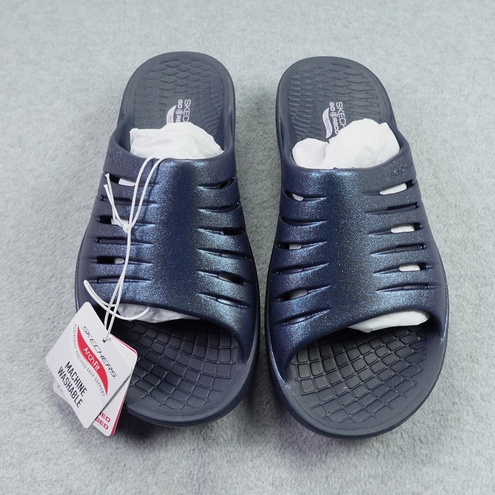 Skechers Sandals Women 8 Navy Pink Sparkle GO RECOVER Refresh ArchFit Slide‎